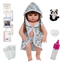 Bebê Reborn Boneca 100% Vinil Roupão Estampa Panda Com Itens Bebê Reborn Boneca 100% Vinil Roupão Estampa Panda Com Itens