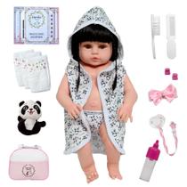 Bebê Reborn Boneca Morena Enxoval Completo Roupão Panda