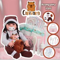 Bebê Reborn Boneca Realista 46cm Capivara Morena Bolsa Itens