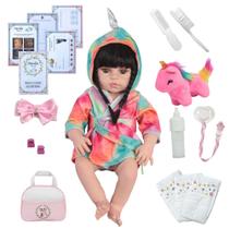 Bebê Reborn Boneca Realista Morena Unicórnio Pelúcia Bolsa