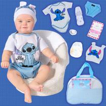 Bebê Reborn Boneco Realista Stitch Corpinho Siliconado Pode Dar Banho Kit Bolsa Maternidade