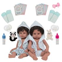 Bebê Reborn Gêmeos Cabelo Cacheado Com Roupão Panda e Coelho