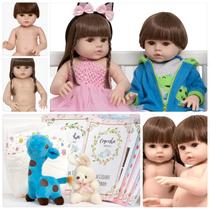 Bebe Reborn Gêmeos Cabelo Castanho 46cm + Kit Acessórios Bebe Reborn Gêmeos Cabelo Castanho 46cm + Kit Acessórios