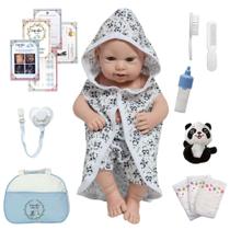 Bebê Reborn Masculino Com Roupão Panda Bolsa Kit Acessórios