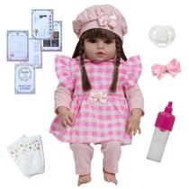 Bebê Reborn Menina Cabelo Castanho Conjunto Xadrez Rosa