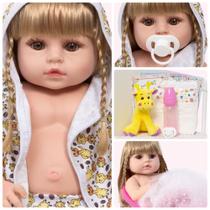 Bebe Reborn Menina Loira Silicone Roupão Girafa 13 Itens