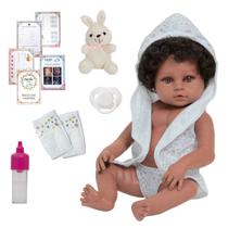 Bebê Reborn Menina Negra 46cm Roupão Coelho Pelúcia Princesa Bebê Reborn Menina Negra 46cm Roupão Coelho Pelúcia Princesa