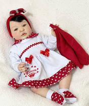 Bebê Reborn Menina Realista Ana Dolls 50cm MAMA, FAZ XIXI E TOMA BANHO Cabelo Fio a Fio Enxoval Completo de 19 Itens