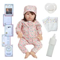 Bebê Reborn Menina Realista Silicone Fio a Fio Macacão Flor