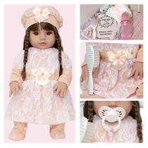 Bebe Reborn Menina Roupa Salmão Cabelos Castanhos NPK Doll Bebe Reborn Menina Roupa Salmão Cabelos Castanhos NPK Doll
