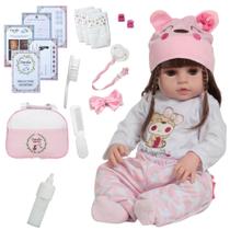 Bebê Reborn Menina Silicone Realista 46cm Cabelo Castanho Com Kit Roupinha Completa Pronta Entrega Bebê Reborn Menina Silicone Realista 46cm Cabelo Castanho Com Kit Roupinha Completa Pronta Entrega