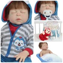 Bebê Reborn Menino 100% Vinil Cabelo Fio a Fio Pelúcia Bolsa