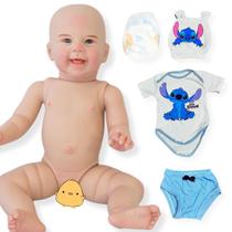 Bebê Reborn Menino Boneco Original Realista de Silicone Pode Dar Banho Roupa Stitch