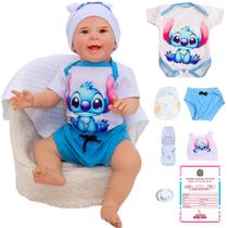Bebê Reborn Menino Boneco Original Realista de Silicone Pode Dar Banho Roupa Stitch