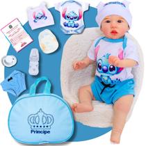 Bebê Reborn Menino Boneco Saskia Stitch Realista Original de Silicone Com Bolsa Maternidade