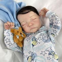 Bebê Reborn Menino Realista Dormindo Corpo Inteiro Vinil Silicone Cabelo Fio a Fio 47cm, 2kg Enxoval PRONTA ENTREGA