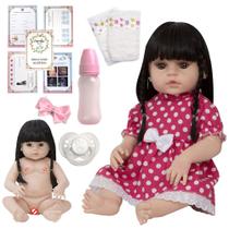 Bebe Reborn Morena 100% Silicone Cabelo Longo Vestido Rosa