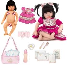 Bebê Reborn Morena Enxoval Baby Dolls 16 Itens Silicone