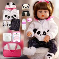 Bebê Reborn Pandinha Boneca Silicone Menina Pode Dar Banho Com Bolsa Maternidade