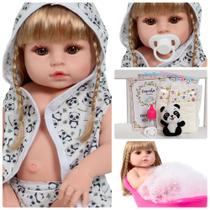 Bebê Reborn Princesa 46cm Cabelo Loiro Saída de Banho Panda