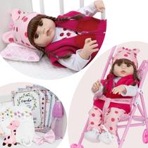 Bebe Reborn Realista Girafinha Cabelo Castanho Com Carrinho