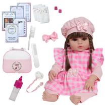 Bebe Reborn Realista Menina Conjunto Xadrez Rosa 46cm