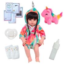 Bebê Reborn Realista Menina Unicórnio Morena Com Acessórios