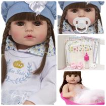 Bebe Reborn Realista Princesa Olhos Castanhos Vestido Azul