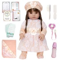 Bebe Reborn SIlicone Bratz Menina Roupa Salmão com Itens