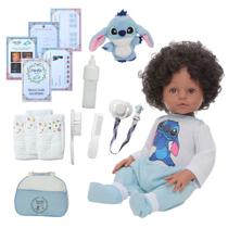 Bebê Reborn Silicone Masculino Cabelo Cacheado Kit Stitch