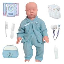 Bebê Reborn Vinil Silicone com Roupinha Azul e Mamadeira