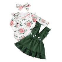 Bebê Recém-nascido Menina 3 Peças Roupa Floral Manga Longa Top Suspender Saia Headwear Primavera