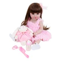 Bebê Sweetie Reborn Vestido Rosa Coelhinho Branco Premium 55