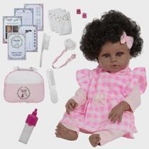 Bebê Tipo Reborn Menina Cabelo Cacheado Conjunto Xadrez