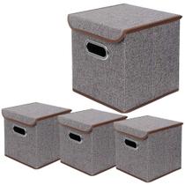 BeigeSwan Storage Bin Conjunto de 4 Recipiente dobrável de tecido de linho com tampa, cubos de caixas organizadoras dobráveis C 10 x 10 x 10 polegadas (cinza)