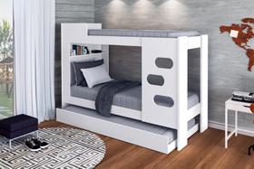 Beliche / Cama Solteiro FLOR Com Cama Auxiliar Estilo Treliche 100% MDF com estrado em eucalipto E Escada Lateral Cor Branca - JA