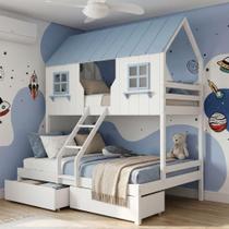 Beliche Casal Casinha Encantada 2 Gavetas Madeira Maciça Branco e Azul Housin Beliche Casal Casinha Encantada 2 Gavetas Madeira Maciça Branco e Azul Housin