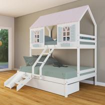 Beliche Casal/ Solteiro Casinha Bela 02 Gavetas Kit Escada/Escorregador - Madeira Maciça Branco/Rosa/Verde Housin
