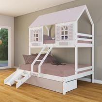 Beliche Casal/ Solteiro Casinha Bela 02 Gavetas Rosa Kit Escada/escorregador - Madeira Maciça Branco/rosa Housin