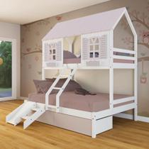 Beliche Casal/ Solteiro Casinha Bela 02 Gavetas Rosa Kit Escada/Escorregador - Madeira Maciça Branco/Rosa Megamobilia