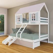 Beliche Casal/ Solteiro Casinha Bela 02 Gavetas Rosa Kit Escada/Escorregador - Madeira Maciça Branco/Rosa/Verde Housin Beliche Casal/ Solteiro Casinha Bela 02 Gavetas Rosa Kit Escada/Escorregador - Madeira Maciça Branco/Rosa/Verde Housin
