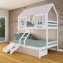 Beliche Casal/ Solteiro Casinha Bela 02 Gavetas Rosa Kit Escada/Escorregador - Madeira Maciça Branco/Rosa/Verde Megamobilia