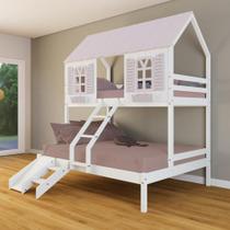 Beliche Casal/ Solteiro Casinha Bela com Kit Escada/Escorregador - Madeira Maciça Branco/Rosa Housin