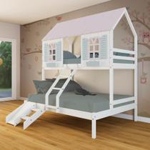 Beliche Casal/ Solteiro Casinha Bela com Kit Escada/Escorregador - Madeira Maciça Branco/Rosa/Verde Megamobilia Beliche Casal/ Solteiro Casinha Bela com Kit Escada/Escorregador - Madeira Maciça Branco/Rosa/Verde Megamobilia