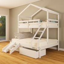 Beliche Casal/ Solteiro Casinha com Gavetas e Kit Escada/Escorregador Madeira Maciça Branco Megamobilia Beliche Casal/ Solteiro Casinha com Gavetas e Kit Escada/Escorregador Madeira Maciça Branco Megamobilia