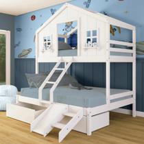 Beliche Casal/ Solteiro Casinha dos Sonhos com 02 Gavetas Kit Escada/ Escorregador Madeira Maciça Branco Megamobilia