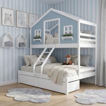 Beliche Casal/ Solteiro Casinha dos Sonhos com 02 Gavetas Madeira Maciça Branco/ Azul Housin