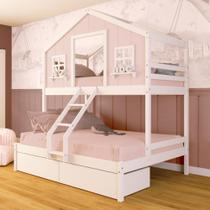 Beliche Casal/ Solteiro Casinha dos Sonhos com 02 Gavetas Madeira Maciça Rosa/ Branco Megamobilia