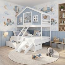 Beliche Casal/ Solteiro Casinha dos Sonhos com Escada/ Escorregador e 02 Gavetas Madeira Maciça Branco/ Azul Housin