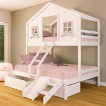 Beliche Casal/ Solteiro Casinha dos Sonhos com Escada/ Escorregador e 02 Gavetas Madeira Maciça Branco/ Rosa Housin